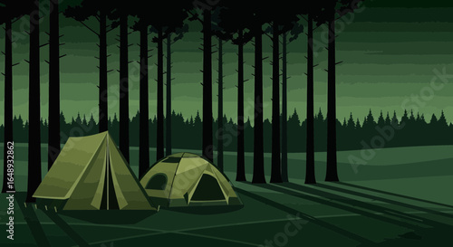 Camping At Night In The Woods With Tents And Tall Pine Trees