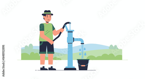 Cartoon Man Drawing Water From Well With Hand Pump In Rural Landscape