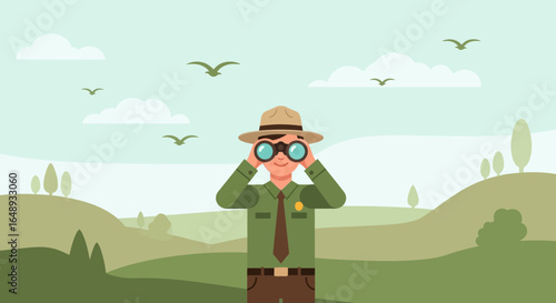 Cartoon Park Ranger Observing Wildlife With Binoculars In Scenic Landscape
