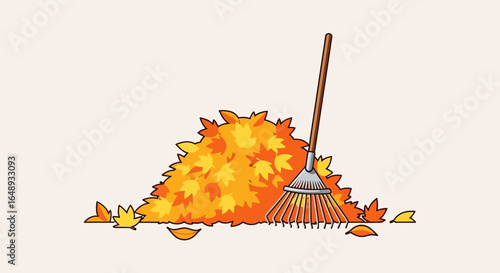 Cartoon Pile Of Autumn Leaves With Rake For Yard Work Illustration
