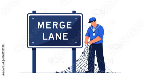 Cartoon Sailor Mending His Fishing Net Near A Merge Lane Sign Illustration