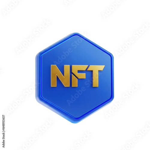 Digital NFT Icon in Blue and Gold Hexagonal Design for Cryptocurrency and Blockchain Marketing