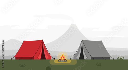 Camping in the wilderness with tents, campfire and a majestic mountain backdrop providing a tranquil natural escape