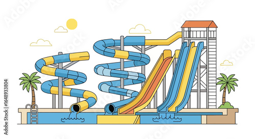 Cartoon Waterpark Illustration With Slides And Pools Under The Summer Sun