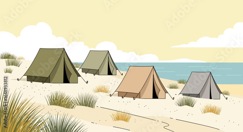 Camping On Beach With Sea View Under Cloudy Sky Summer Holiday Concept