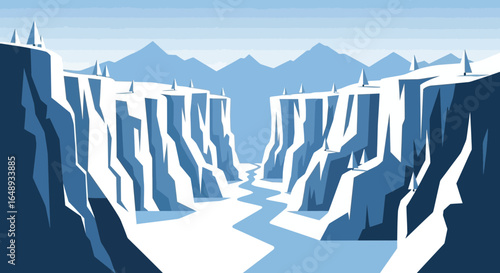 Cartoon winter landscape with mountain river and pine trees vector illustration