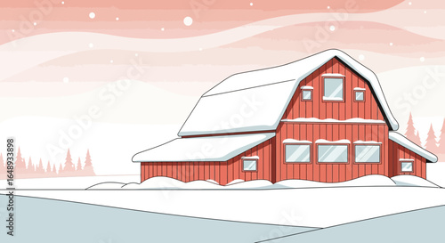 Cartoon Winter Landscape With Red Barn And Snow Covered Trees And Ground