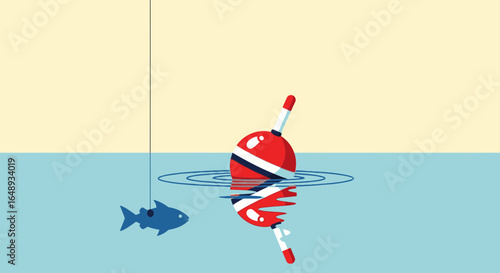 Cartoonish Fishing Scene With A Fish Hook And Bobber On The Water