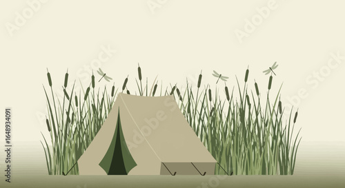 Camping scene with a tent nestled among cattails and dragonflies outdoors peaceful