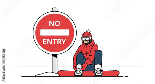 Cartoonish Snowboarder Ignoring No Entry Sign Shows Rebellious Winter Sports Spirit