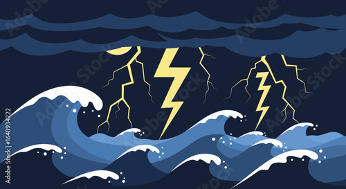 Cartoonish Stormy Sea With Lightning Bolts And Dark Blue Storm Clouds
