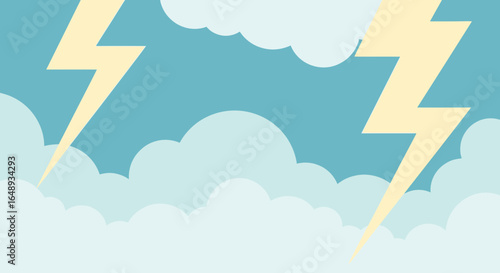 Cartoonish Thunderstorm With White Clouds And Electric Lightening In Blue Sky