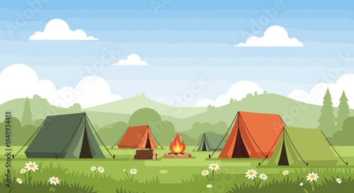 Camping Trip In Summer With Tent Landscape Backgrounds On Green Grassland