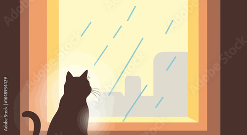 Cat Silhouette Gazing Through Window On A Rainy Cityscape Illustration