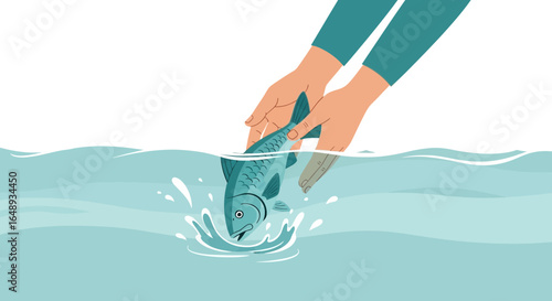 Catching A Fresh Fish From The Blue Water Hands Illustration Vector