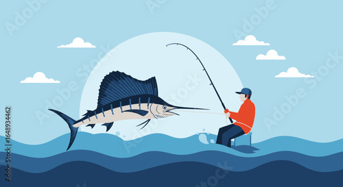 Catching Blue Marlin Fish Illustration Fisherman Fishing Hobby Sport Recreation