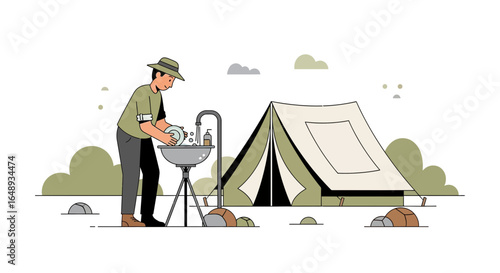 Camping Trip Man Washing Dishes Outdoors In Front Of Tent Illustration