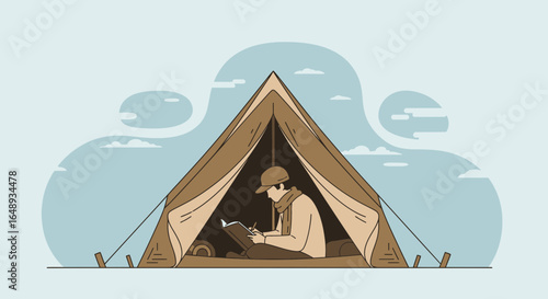 Camping Trip: Man Writing In Tent During Outdoors Adventure and Peaceful Solitude