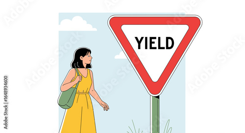 Caution Ahead Woman Walking On Sidewalk Passing By A Red Yield Sign
