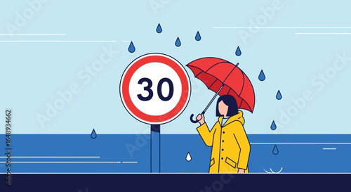 Cautionary Depiction Of A Speed Limit Reduction Amidst Rainy Weather Season