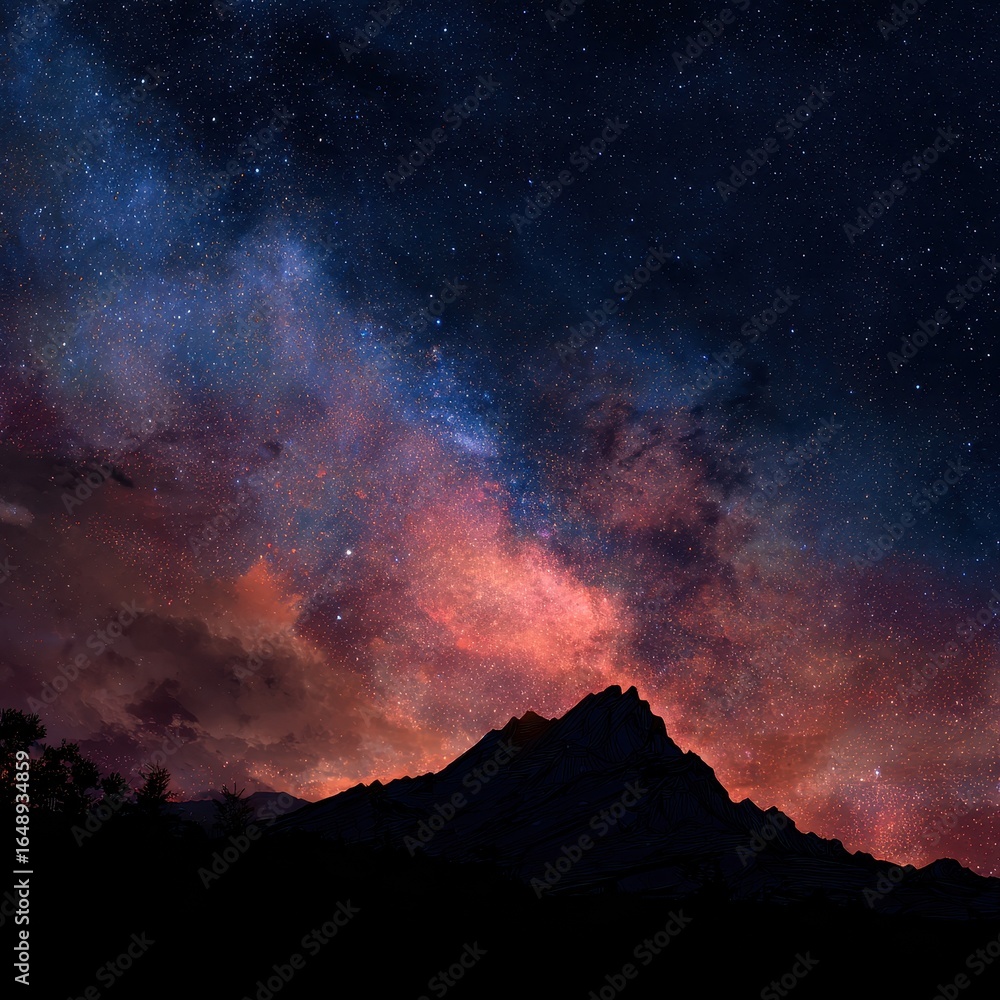 Fototapeta premium Night sky, mountain silhouette, stargazing, scenic landscape, travel poster