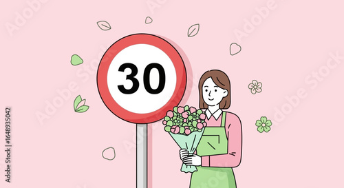 Celebrating Thirtieth Birthday With Flowers And Road Sign On Pastel Backdrop