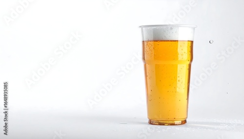 Cold Beer in Plastic Cup on White Background