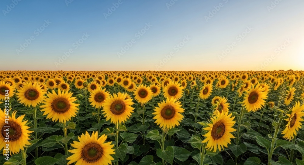 Fototapeta premium Panoramic view of a vast sunflower field at sunrise or sunset. Bright, golden sunflowers fill the landscape, stretching to the horizon against a clear