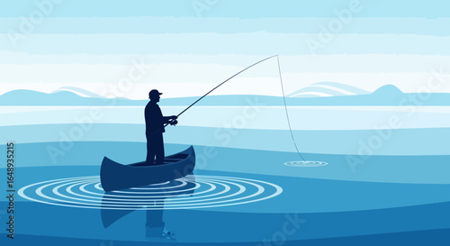 Canoe Fishing Silhouette Against Serene Lake Backdrop on a Peaceful Day