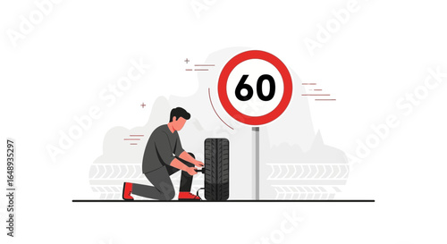 Changing Tire Next To The Sign Speed Limits Illustrative Editorial