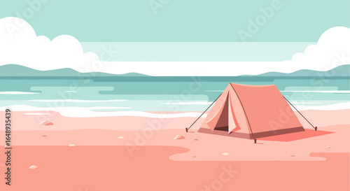 Charming Beachside Camping Scene with Tent and Tranquil Ocean View