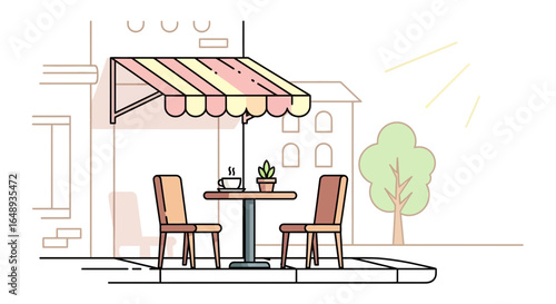 Charming Cafe Terrace Scene In A European City With Linear Style Art