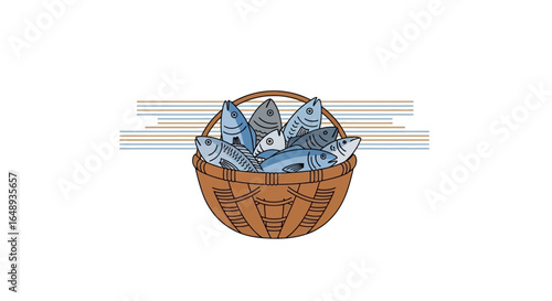 Charming fish basket illustration depicting a bountiful seafood catch displayed in a wicker container