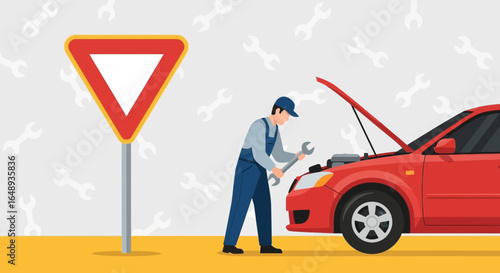 Car Repairman Working At The Garage Next To The Yield Sign Vector Illustration
