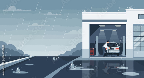 Car Repair Service on a Rainy Day Automotive Vehicle Maintenance Garage