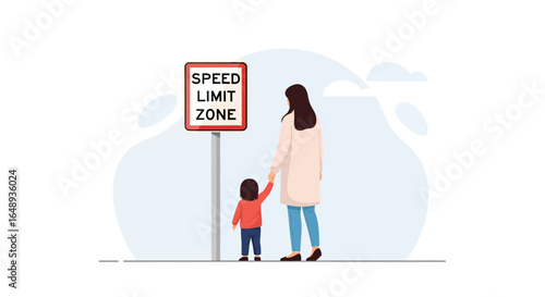 Careful Mother And Daughter Observe Speed Limit Zone Sign Together