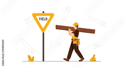 Carpenter Yielding To Safety Regulations While Carrying Wood Plank Professionally