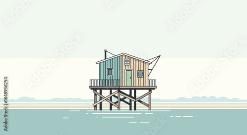 Charming Wooden Cabin Above Water With Serene Seaside Vista Landscape