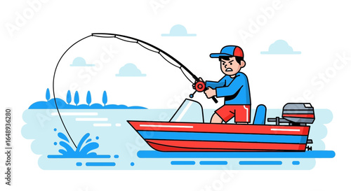 Cartoon Angler Struggles To Reel In A Big Catch On The Water In His Boat