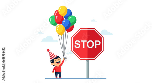 Cartoon Boy Celebrating And Ignoring A Stop Sign With Colorful Balloons
