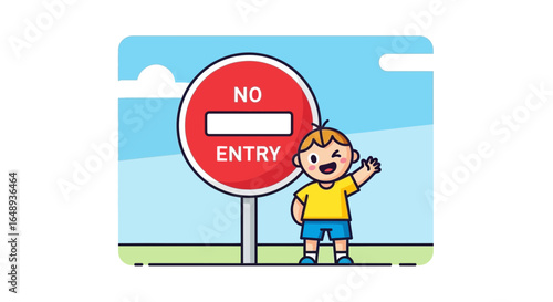Cheerful Boy Waving Hand Next To The Red No Entry Forbidden Sign