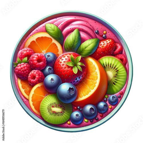 Vibrant Smoothie Bowl: A visual symphony of fresh fruits and creamy goodness, with the artful arrangement of a variety of colorful fruit pieces on a plate. It's a feast for the eyes and the palate.
