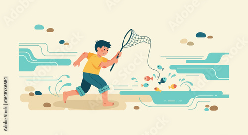 Cartoon Boy With Fishing Net Chasing Fish At The Beach Illustration