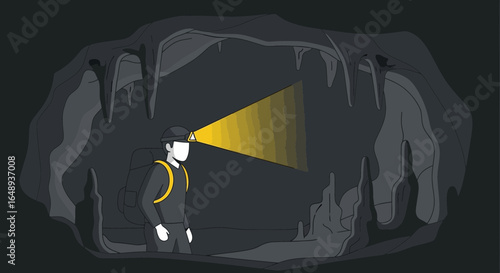 Cartoon Explorer With Headlamp Illuminating An Underground Cave Adventure