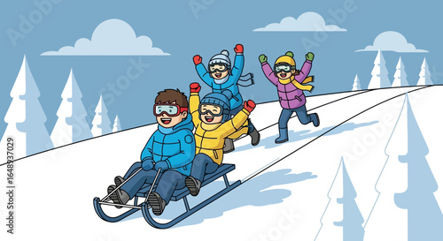 Cheerful Kids Enjoying Winter Adventure Sledding Down Snowy Hill Together