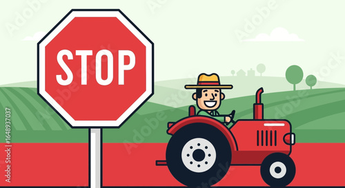 Cartoon Farmer Ignoring Stop Sign On Red Tractor Passing Through Field
