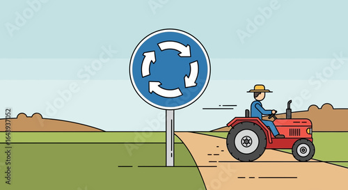 Cartoon Farmer On A Tractor By A Traffic Roundabout Road Sign Outdoors