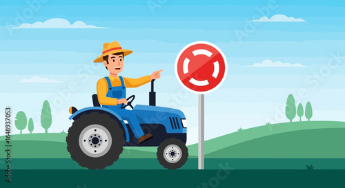 Cartoon Farmer Operating Tractor Near Prohibited Sign In Agricultural Landscape