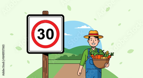 Cartoon Farmer With Fresh Vegetables Alongside A 30 Speed Limit Sign
