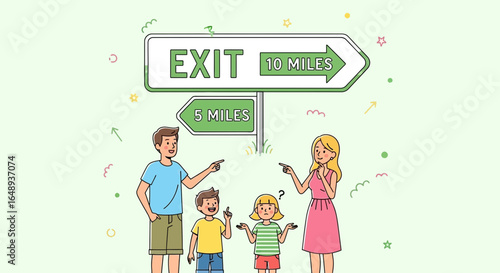Cartoon Family Deciding on Road Trip Directions Near Exit Sign And Mileage